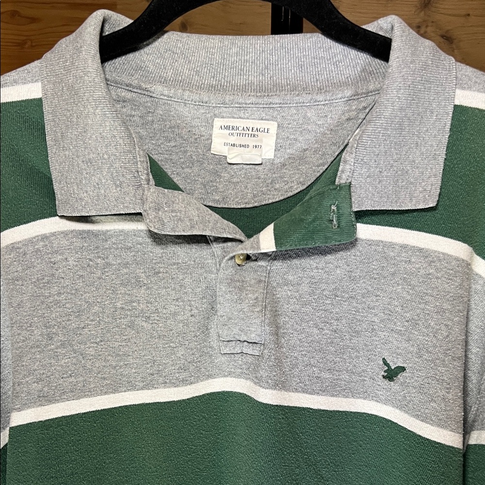 American Eagle Outfitters Polo with Green and Gray Stripes